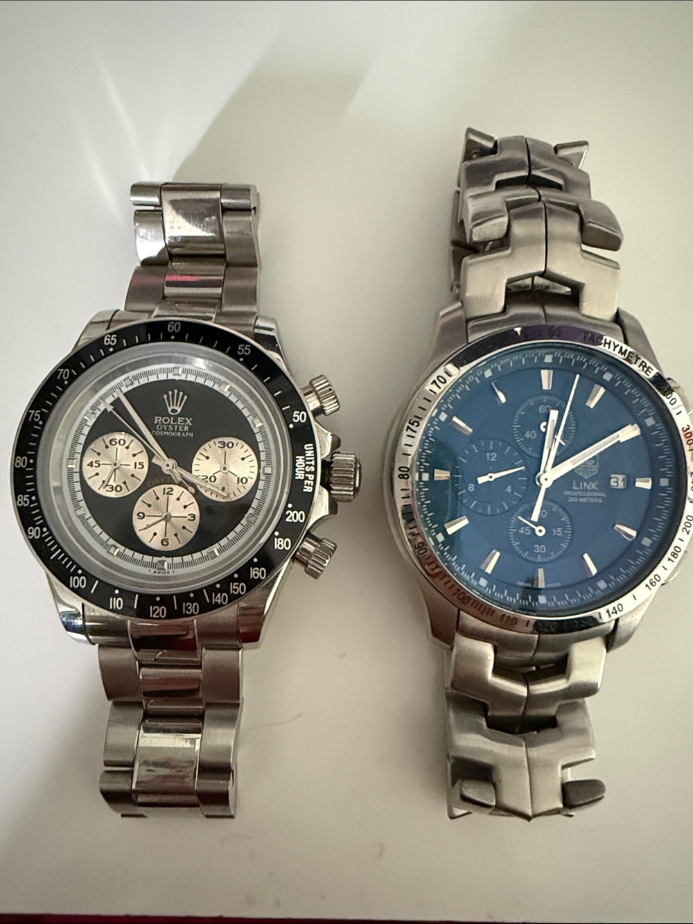 Rolex Style & Tag Heuer Link Stainless Chronograph Watches - Black & Blue Dials